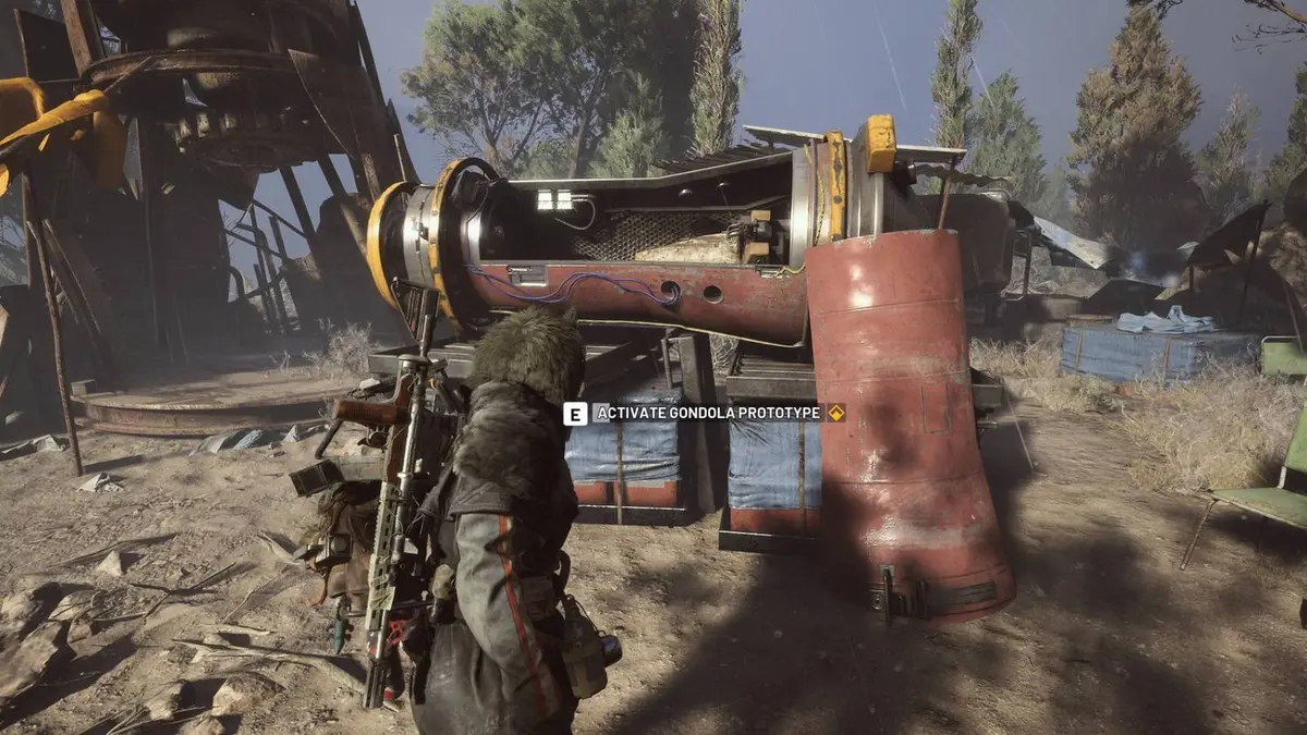 The player activating the gondola prototype for the 'To The Skies' quest in Arc Raiders.