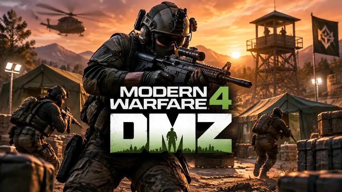 Отряд бойцов штурмует армейский лагерь с палатками и вышкой в Modern Warfare 4 DMZ на закате