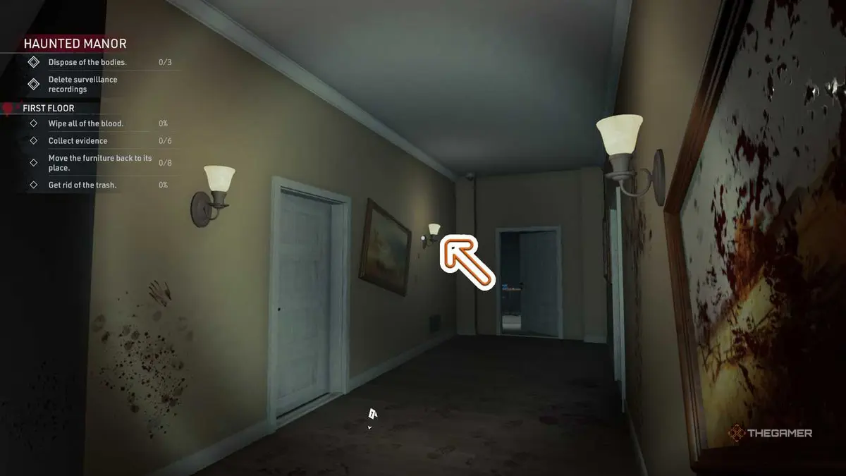 An orange arrow shows the location of a lamp on the wall in Crime Scene Cleaner