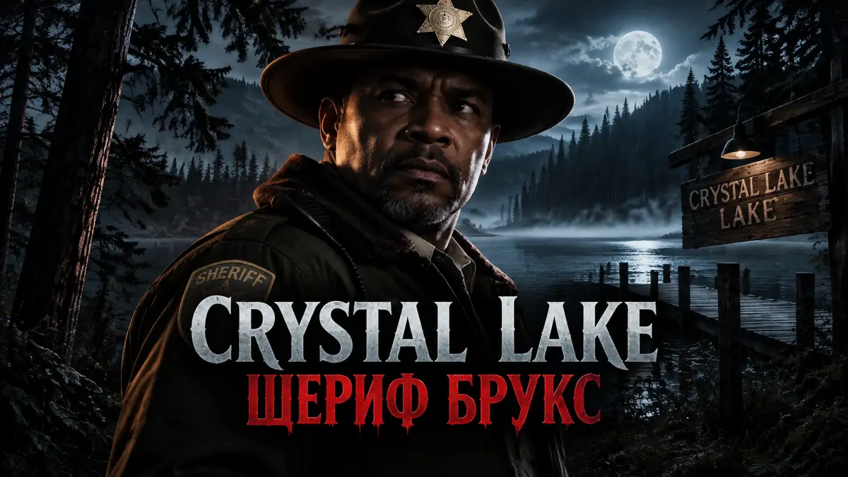 Шериф Левон Брукс в форме на темном фоне мрачного леса у озера Crystal Lake