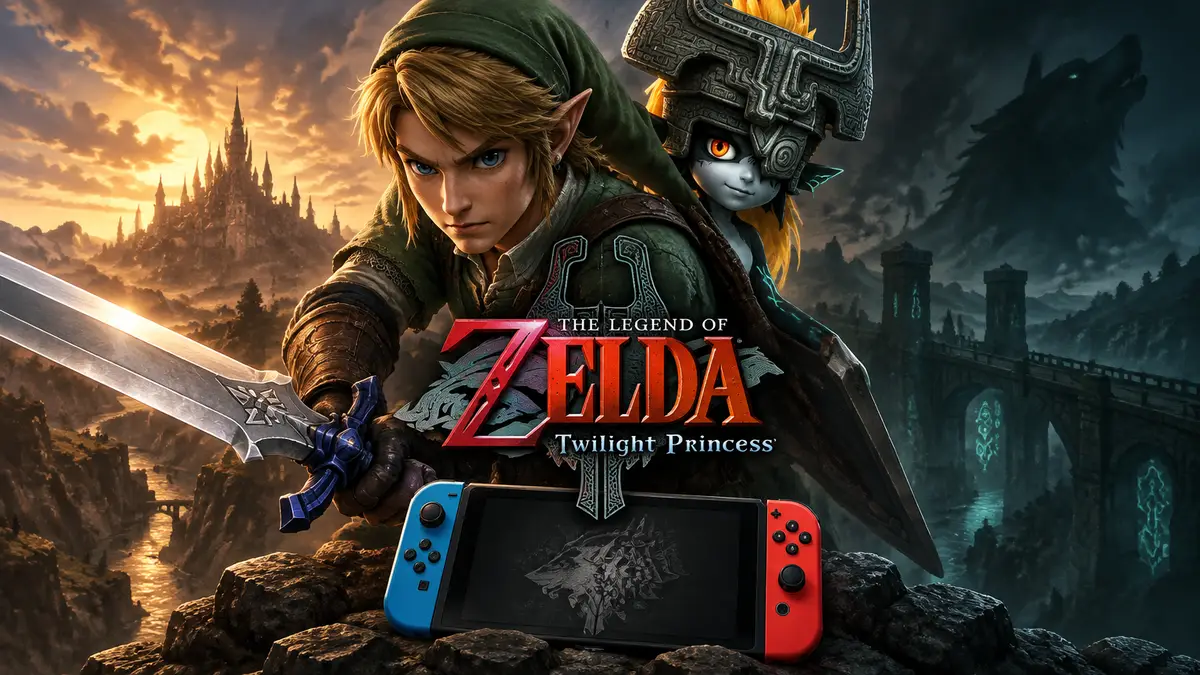 Линк с мечом и Мидна на фоне сумеречного Хайрула, постер The Legend of Zelda: Twilight Princess на Switch