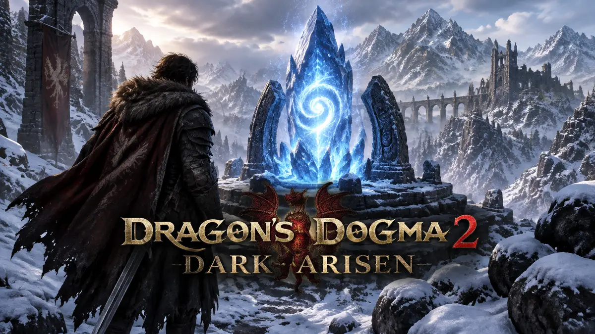 Светящийся синий Portcrystal среди заснеженных скал Norgan в стиле Dragon's Dogma 2: Dark Arisen