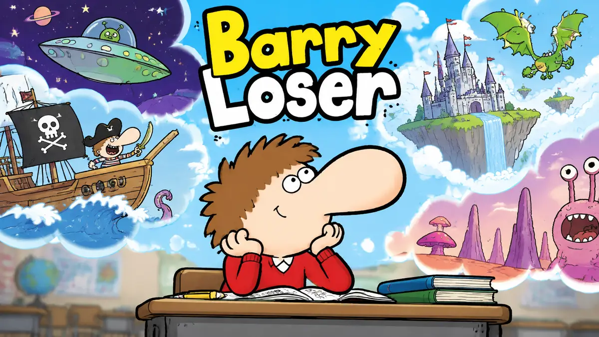Мультяшный школьник Барри из Barry Loser в рисованном 2D-стиле мечтает на фоне фантастических миров