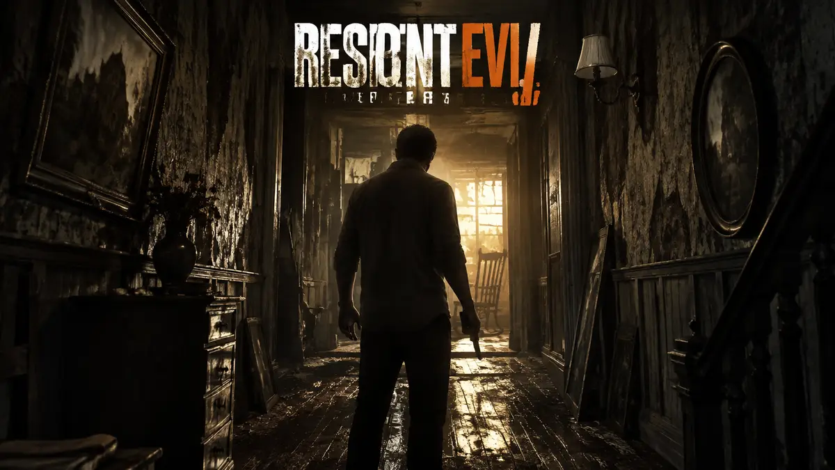 Итан Уинтерс в мрачном коридоре особняка Бейкеров, логотип Resident Evil 7 Biohazard над головой