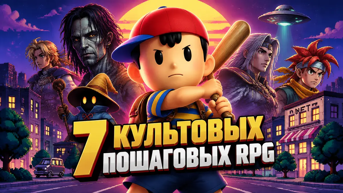 Несс из EarthBound с бейсбольной битой в центре постера культовых пошаговых RPG, фоном яркий ретро-город