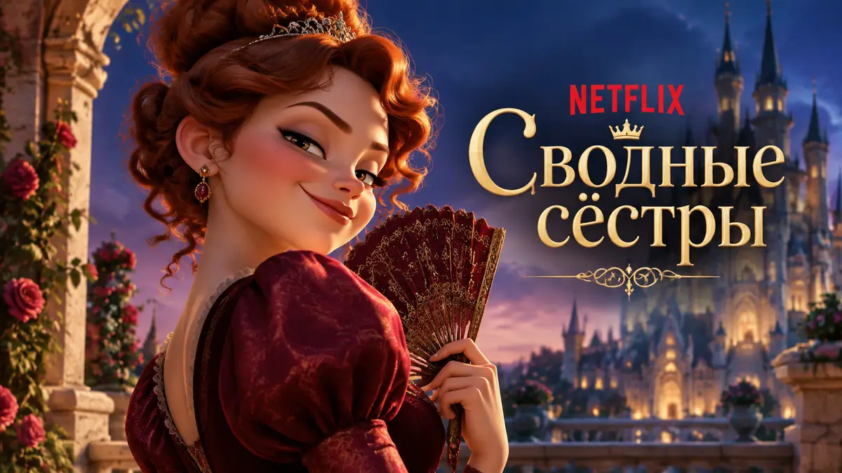 Сводная сестра Лилит с хитрой улыбкой у сказочного замка, постер мультфильма Netflix «Сводные сёстры»