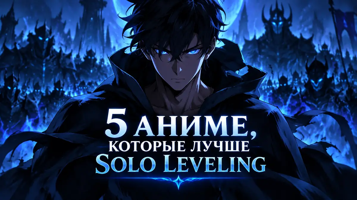Сун Джину из аниме Solo Leveling в тёмном плаще на фоне армии теней и синего свечения, постер