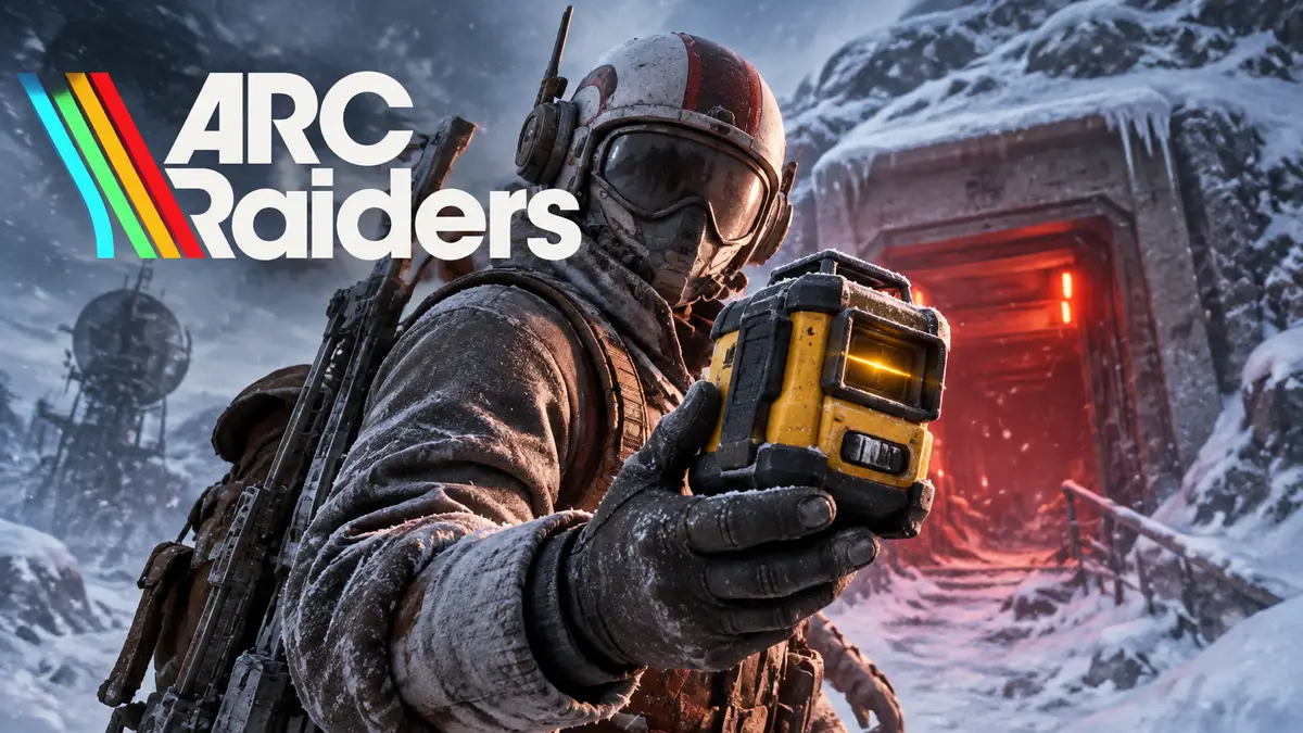 Рейдер ARC Raiders держит жёлто-чёрный Laser Level у входа в снежное убежище с красным огнём, метель
