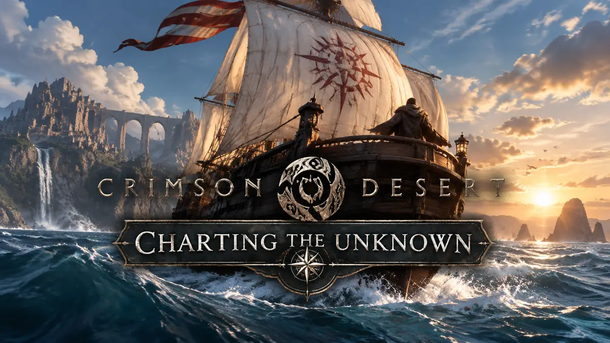 Корабль под парусами в открытом море на постере дополнения Charting the Unknown для Crimson Desert