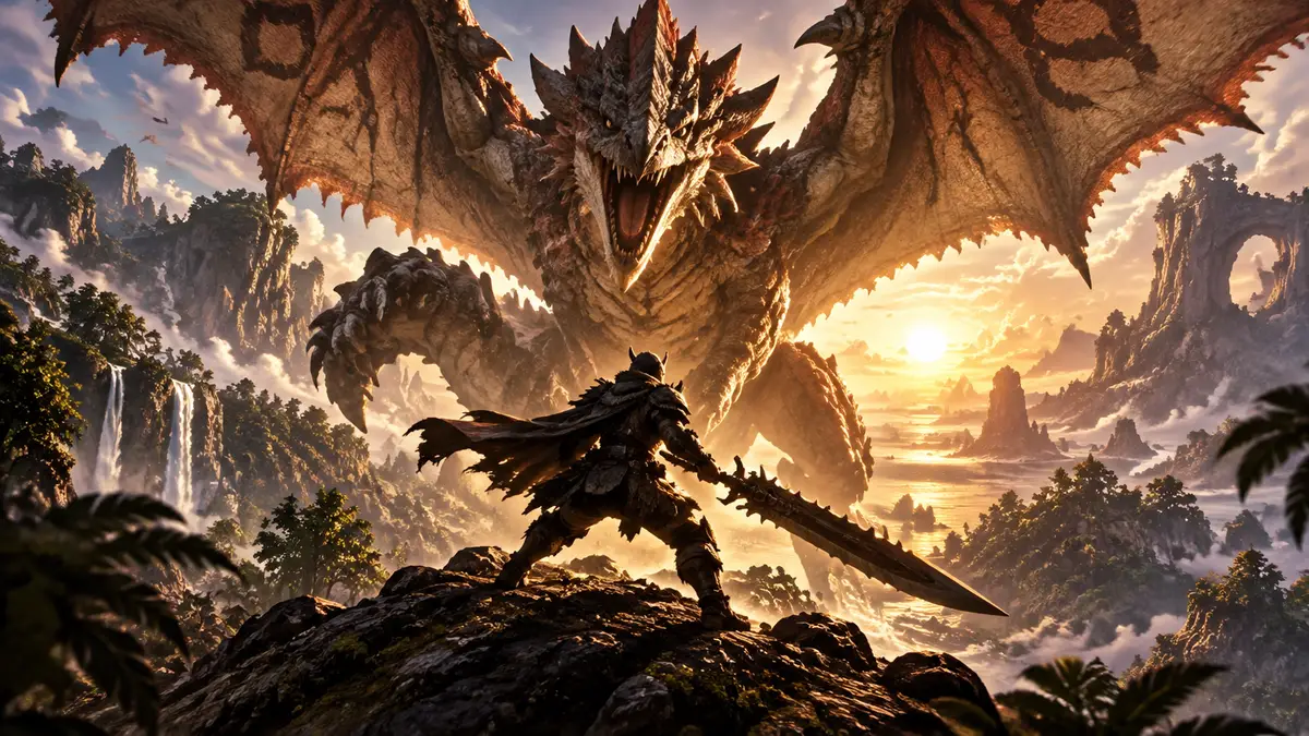 Охотник с мечом противостоит гигантскому монстру в Monster Hunter Outlanders