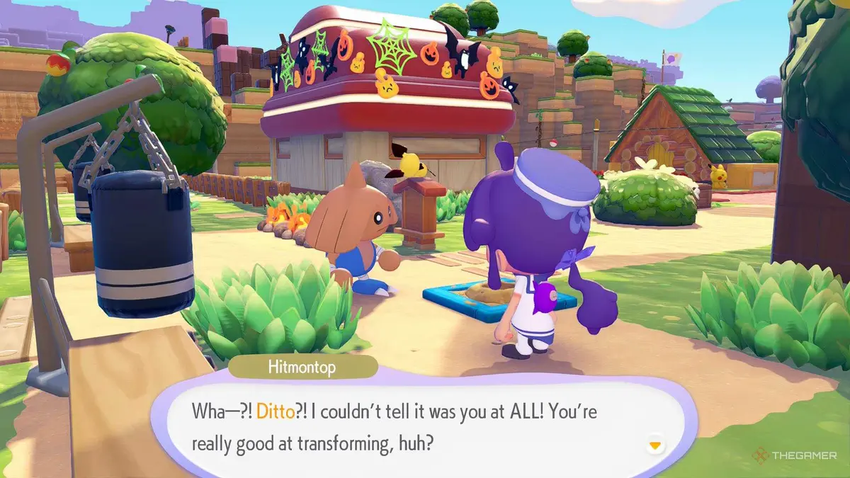 Hitmontop being startled by ditto in Pokemon Pokopia.