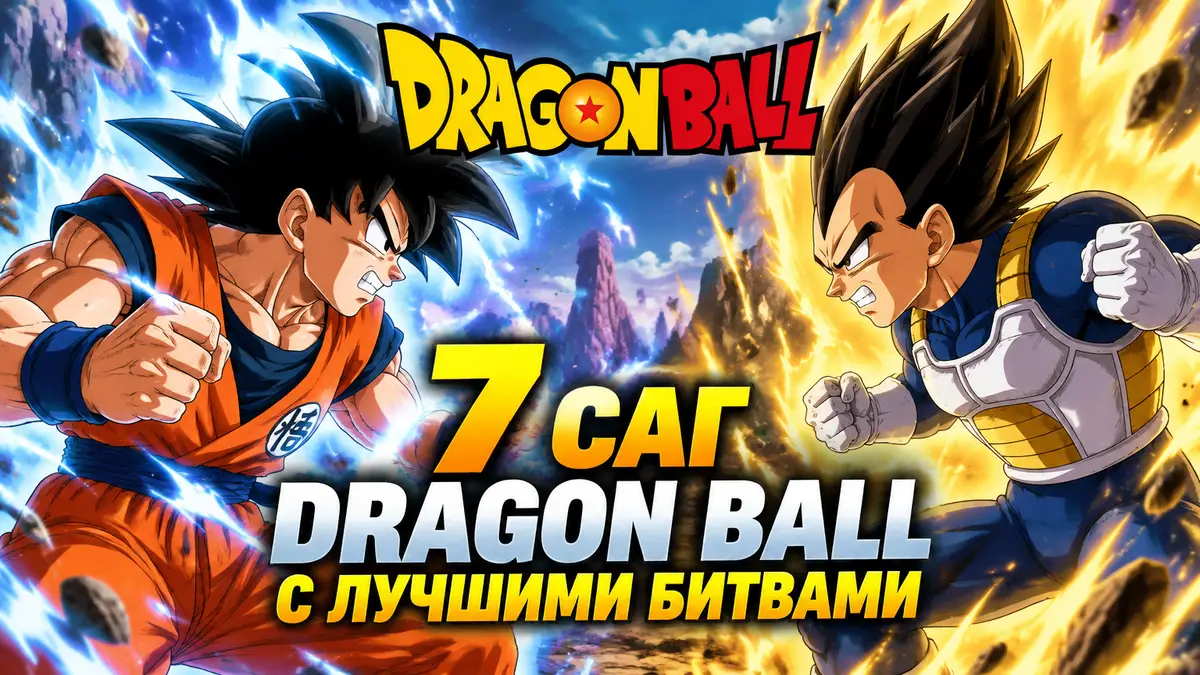 Гоку в боевой стойке против Вегеты на фоне взрывов ки в стиле аниме Dragon Ball, логотип серии сверху
