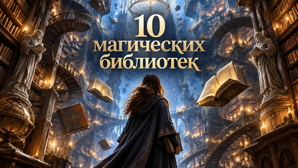 Бесконечная магическая библиотека с парящими книгами и винтовыми лестницами в стиле фэнтези