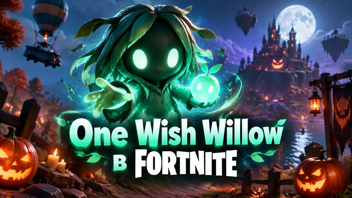 Сказочный спрайт One Wish Willow в образе ивового духа на фоне хэллоуинского острова Fortnite с тыквами