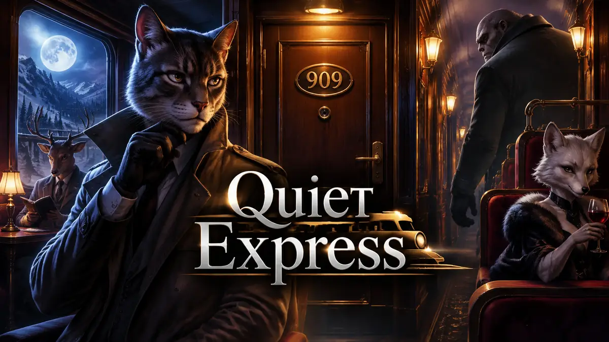 Таинственный ночной экспресс Quiet Express с дверью каюты 909 в центре, зверолюди и великан в вагоне