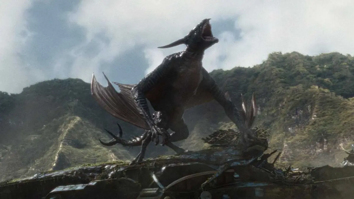 The Ion Dragon appears menacingly over the remains of a ship
