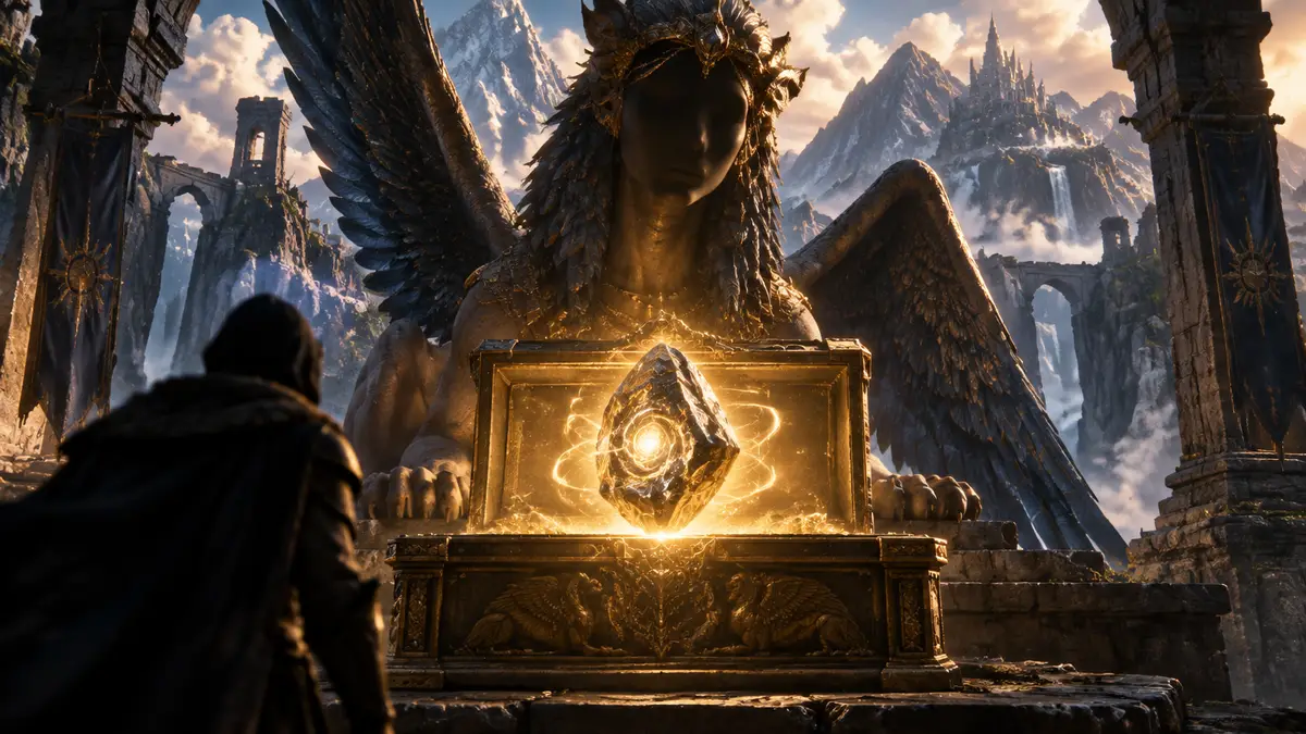 Сфинкс у золотого сундука в горном святилище, в центре сияющий Eternal Wakestone, Dragon's Dogma 2