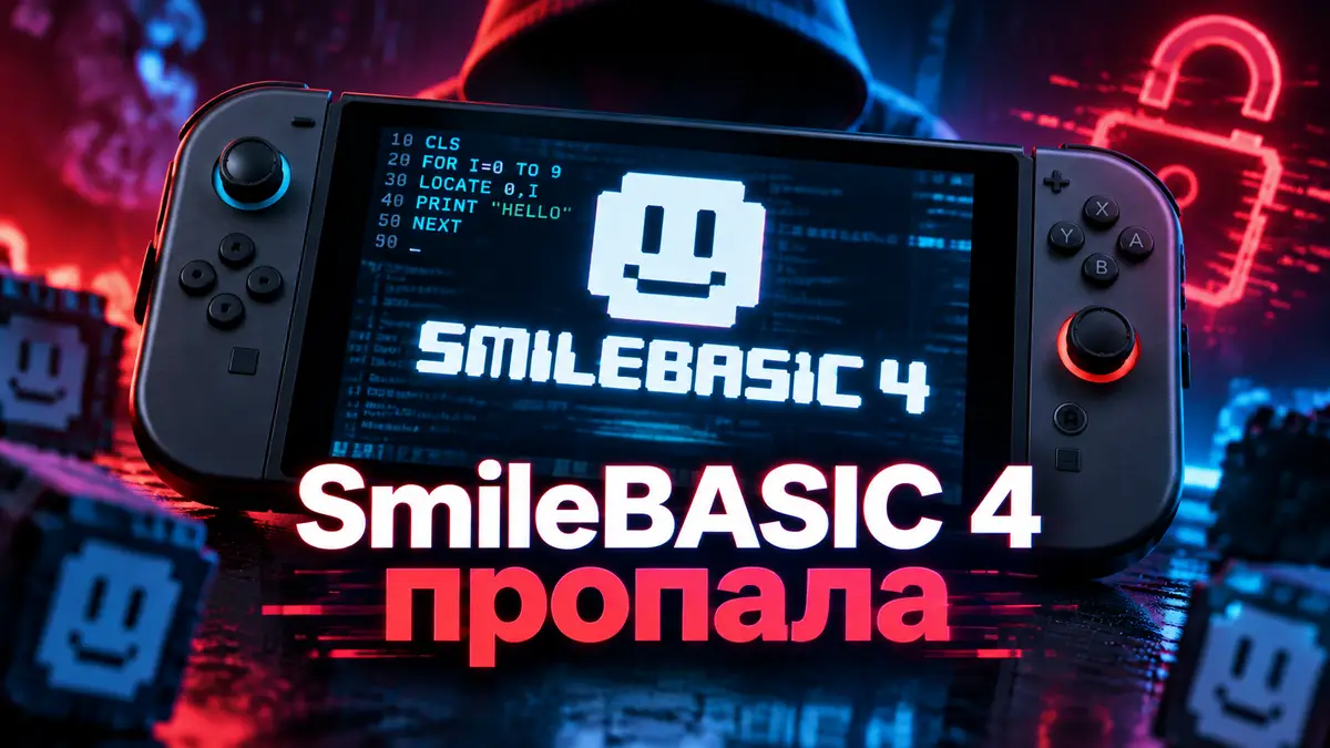 Консоль Nintendo Switch 2 с открытым кодом на экране и логотипом SmileBASIC, взлом в неоновом стиле