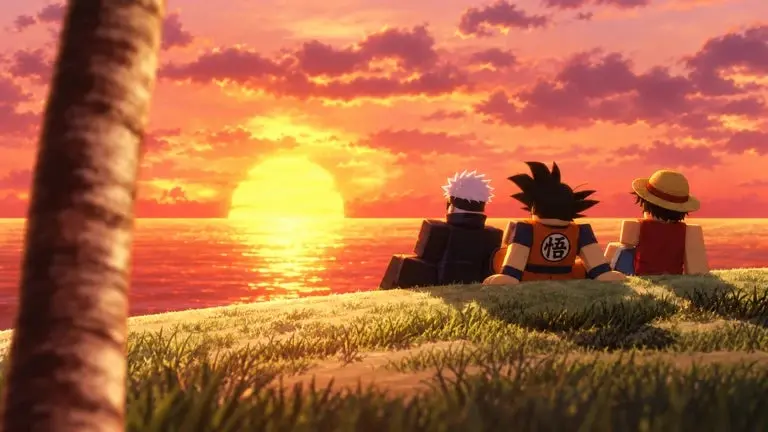 Artwork for the Roblox game Anime vs Anime showing characters based on Jujutsu Kaisen, Dragon Ball Z and One Piece sitting on a patch of grass as the sun sets.