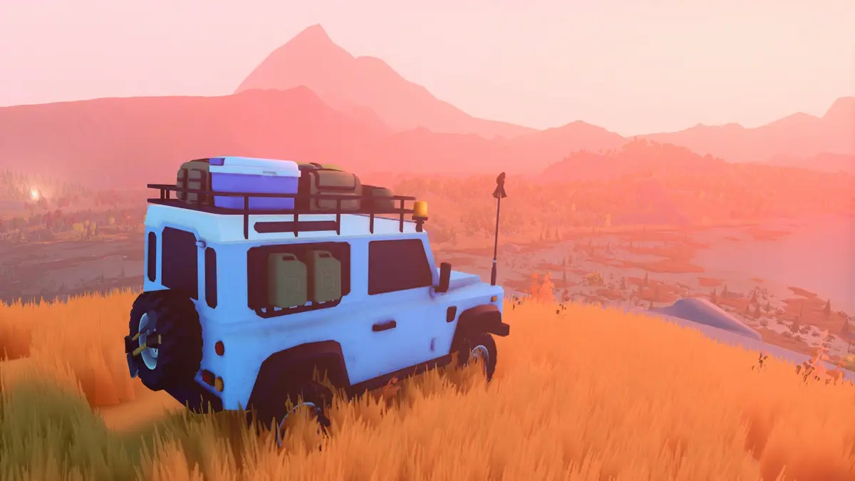 Over the Hill screenshot showing a 4x4 perched on a mountain top at sunset, a majestic view of the stylised Canadian wilderness stretching out far below.