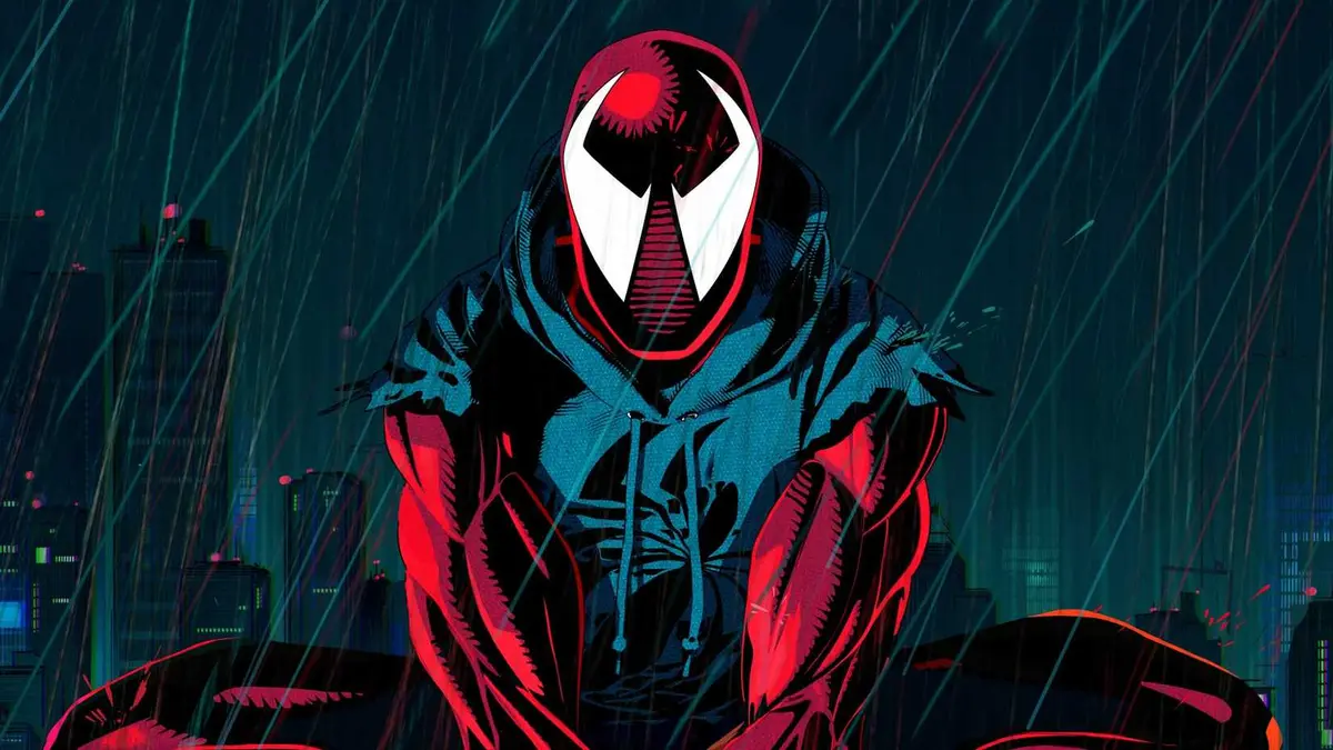 Scarlet Spider sits in the rain in Spider-Man Across the Spider-Verse
