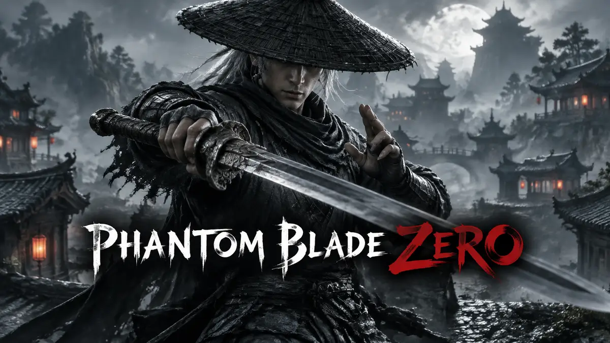 Герой Phantom Blade Zero с клинком в боевой стойке кунг-фу на фоне туманных крыш в стиле уся