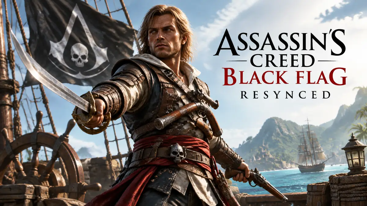 Эдвард Кенуэй на палубе пиратского корабля, логотип Assassin's Creed Black Flag Resynced