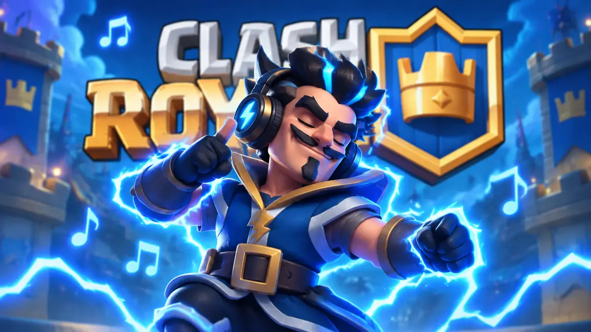 Hero Electro Wizard из Clash Royale танцует под музыку в окружении синих молний на фоне логотипа игры