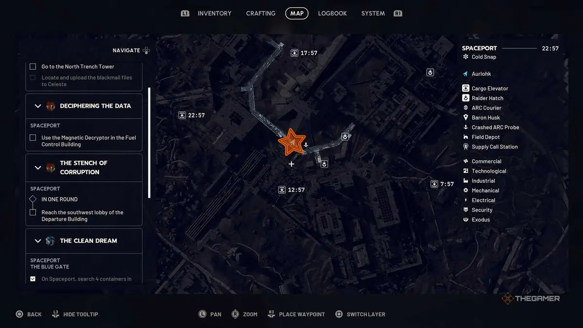 Close up of the map of the Spaceport tunnels with an orange star edited onto the location of one of the filtration systems in Arc Raiders.
