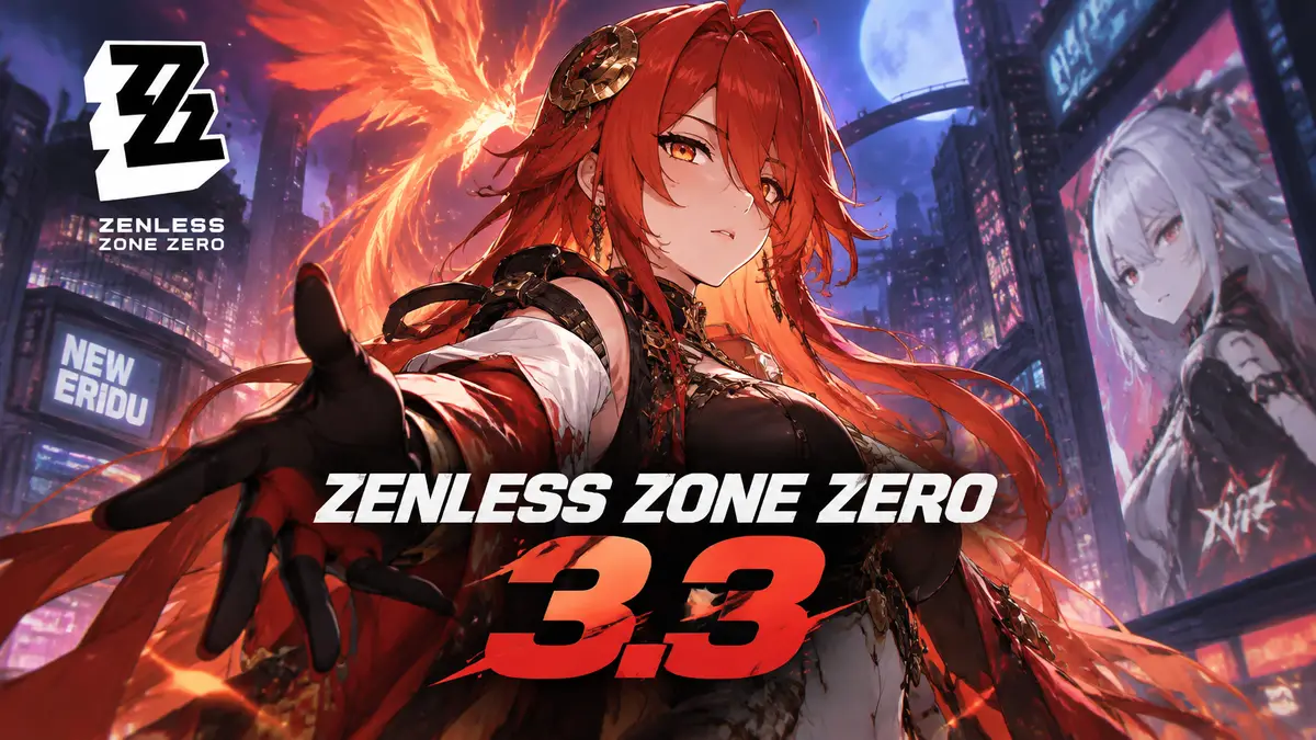 Агент Phoenix в центре на фоне неонового Нью-Эриду, постер обновления Zenless Zone Zero 3.3 с логотипом