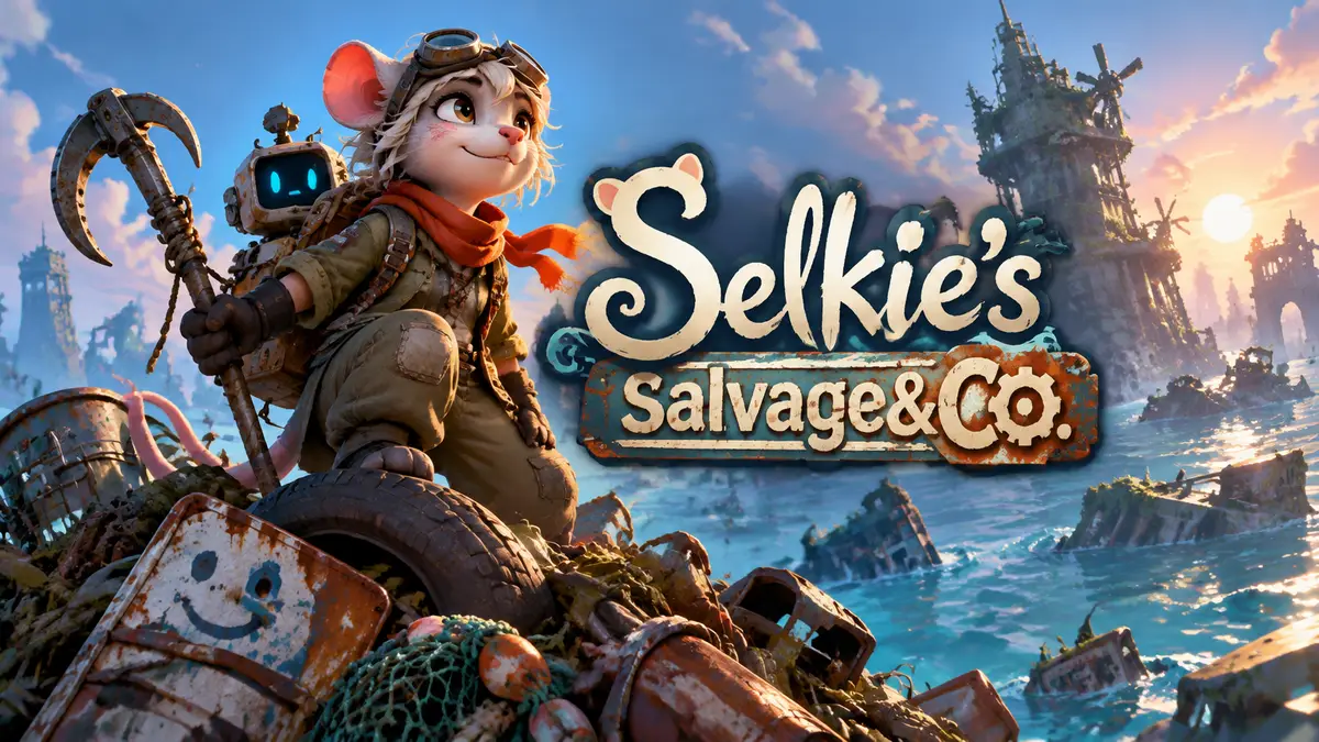 Девушка-крыса Селки стоит среди груды мусора на затопленной планете, key art Selkie's Salvage&Co.
