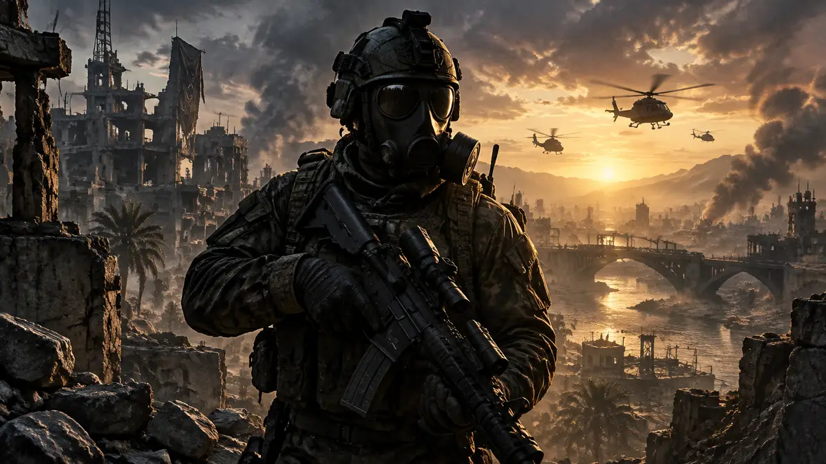 Экипированный оперативник в противогазе на фоне руин Hajin в Call of Duty Modern Warfare 4