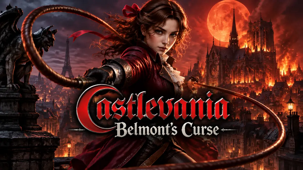 Роза Бельмонт с кнутом на фоне горящего готического Парижа, постер Castlevania: Belmont's Curse