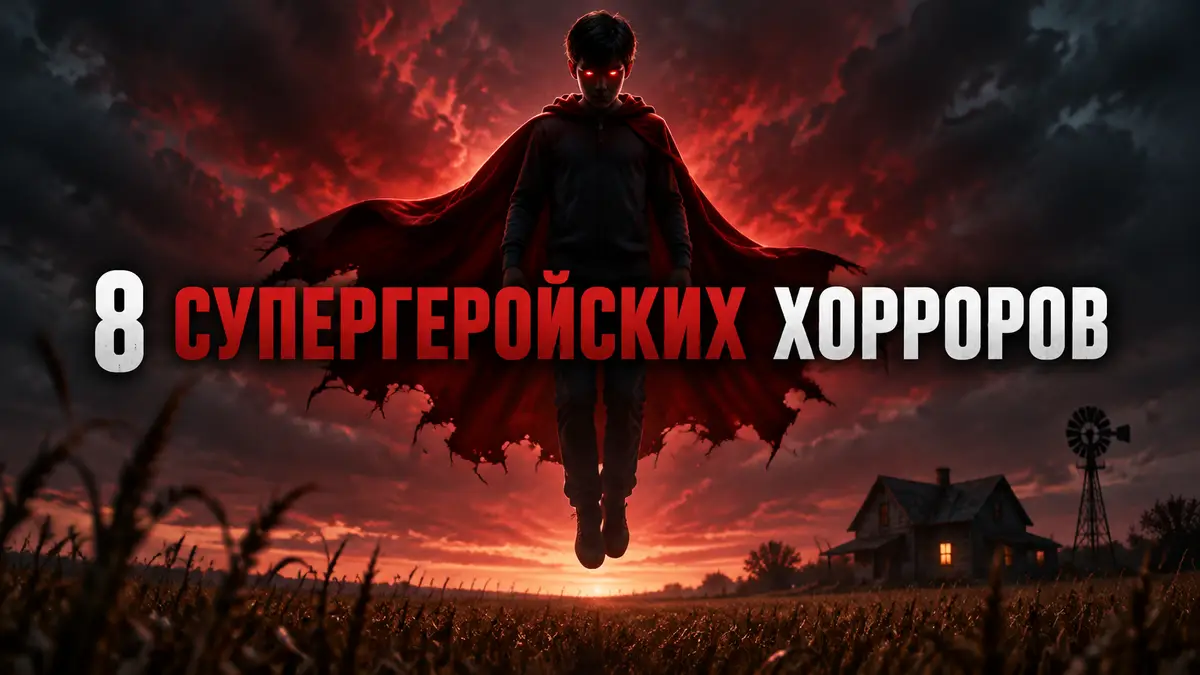 Супергеройский хоррор: мальчик в красном плаще с горящими красными глазами парит над тёмным канзасским полем