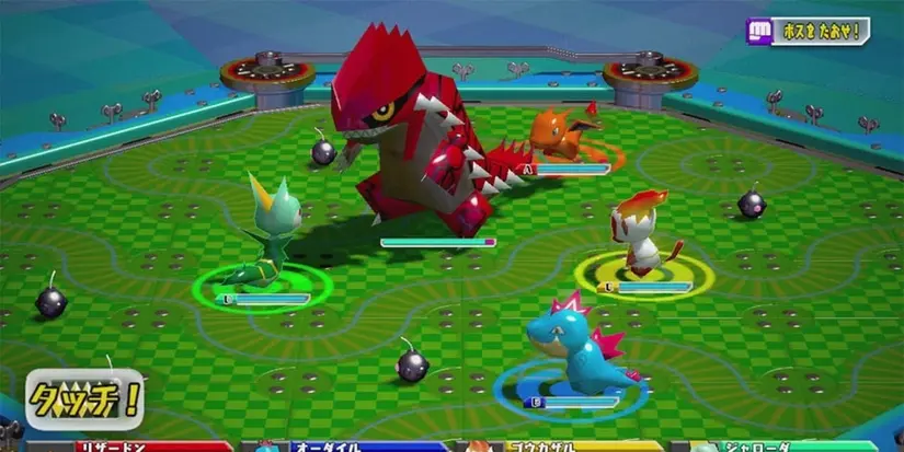 Toy versions of Serperior, Feraligatr, Infernape, and Charizard about to fight a giant toy Groudon in 'Pokemon Rumble U'