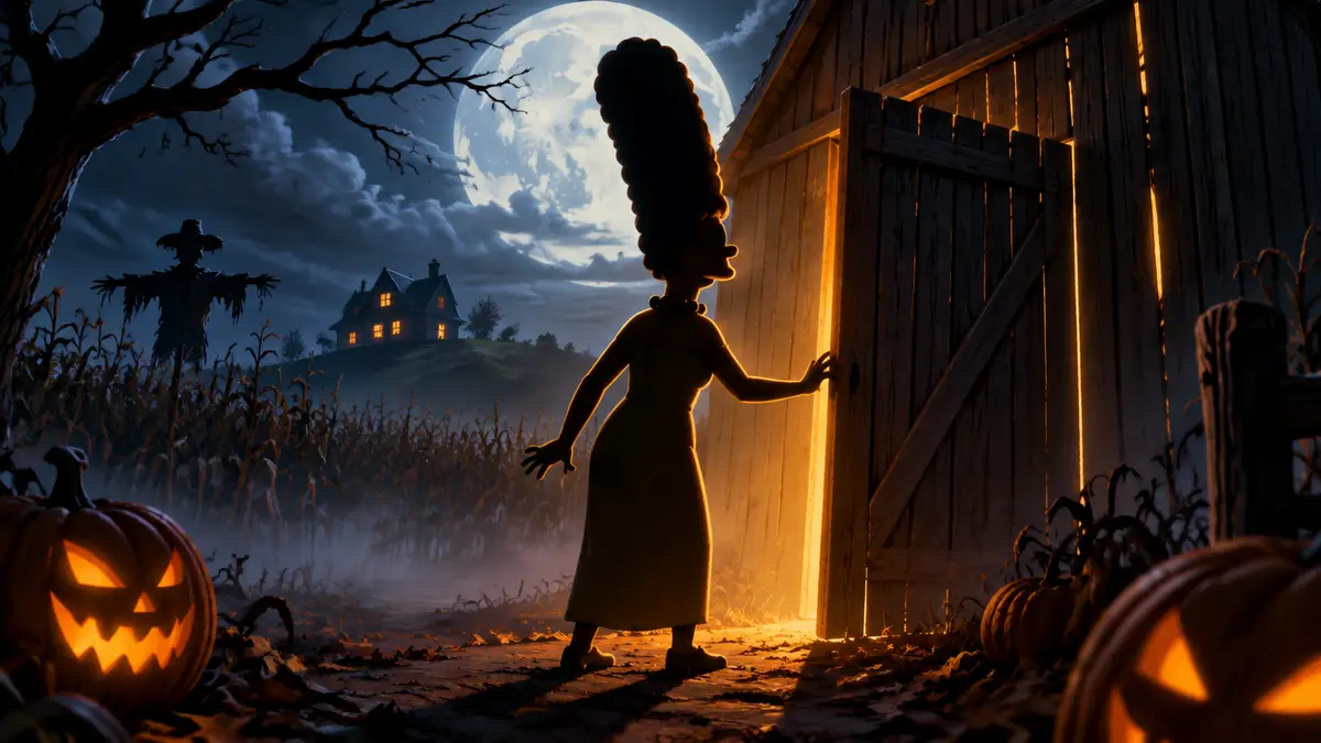 Мардж Симпсон у загадочного сарая на хэллоуинском постере «Симпсонов» Treehouse of Horror XXXVII