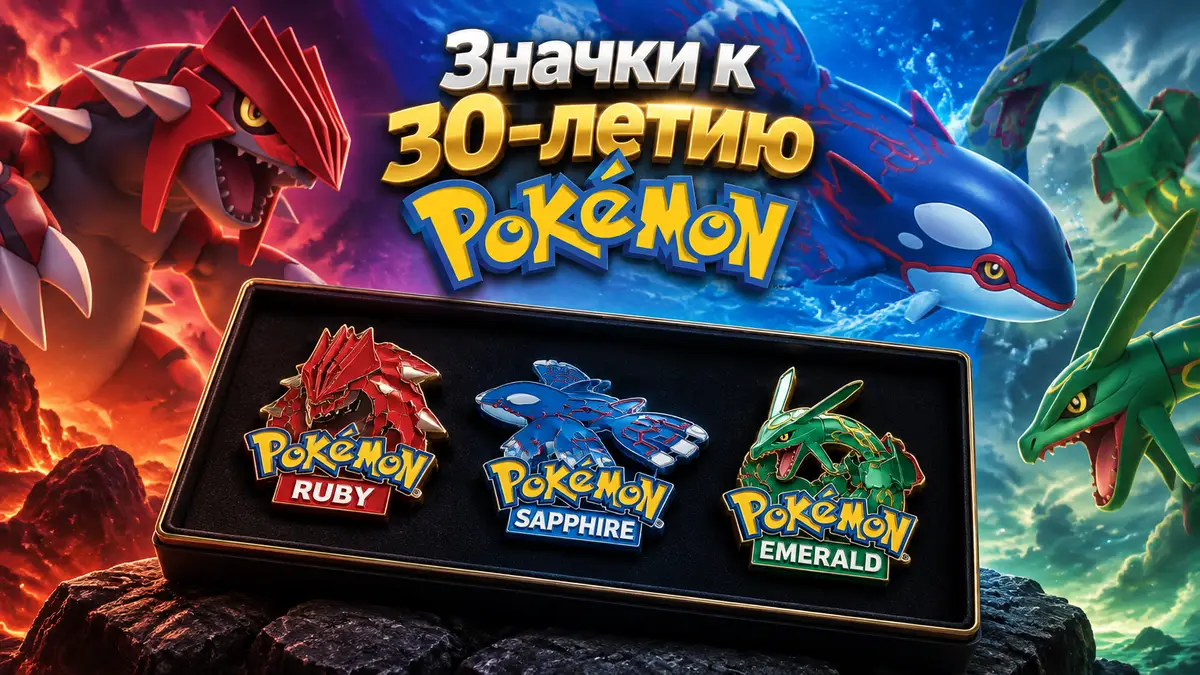 Коллекционный набор блестящих значков с логотипами игр Pokémon Ruby, Sapphire и Emerald