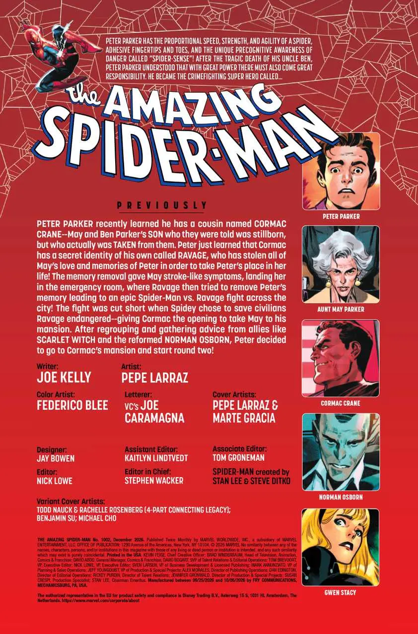 The creator credits of Amazing Spider-Man #1002