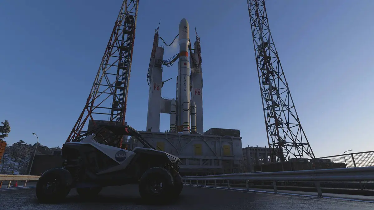 A Polaris car in front of a space rocket in Forza Horizon 6