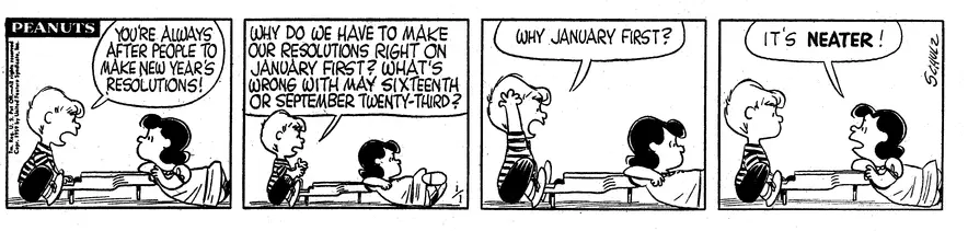 Schroeder gets mad about New Year Resolutions in this Peanuts comic strip.