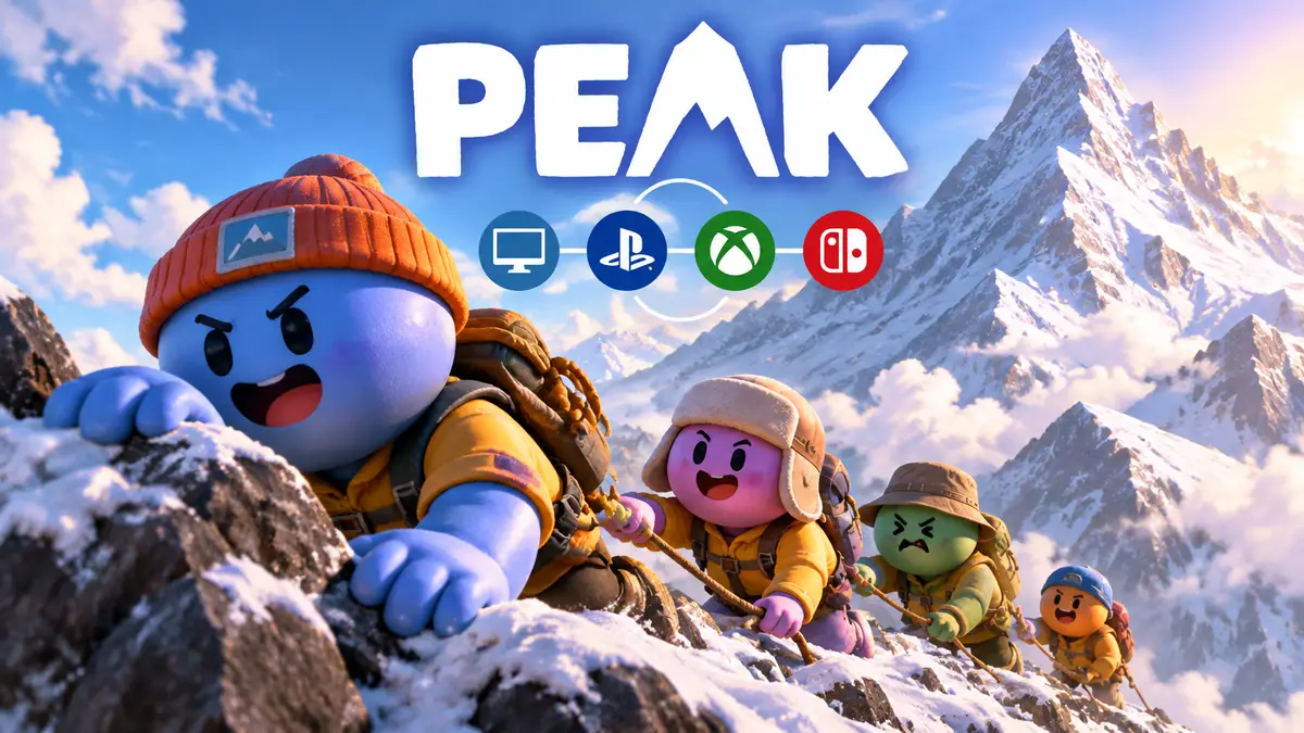 Группа скалолазов в стиле PEAK поднимается к заснеженной вершине, логотип PEAK и символы кроссплея