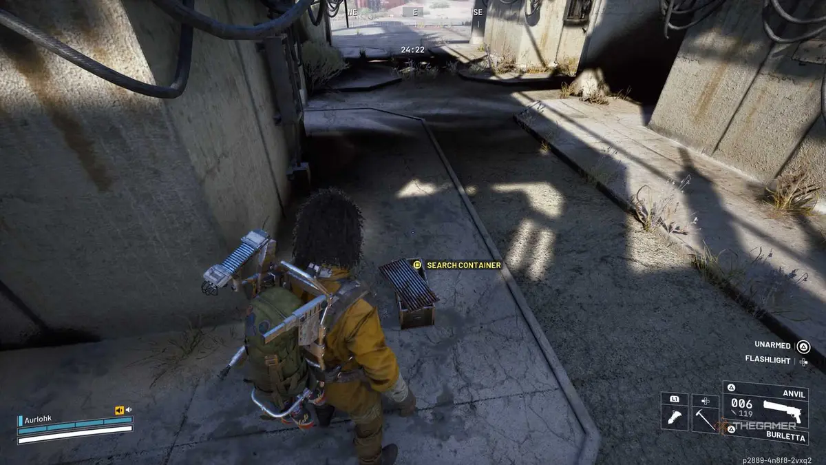 Player raider standing by a container with a yellow search prompt above it in the Spaceport Electrical Substation in Arc Raiders.