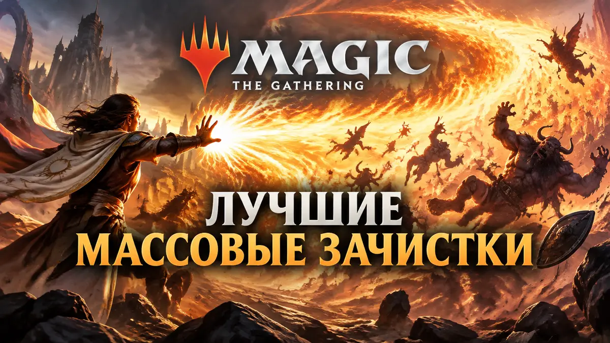 Огненная волна сметает существ с поля боя в стиле Magic: The Gathering, массовая зачистка, логотип MTG