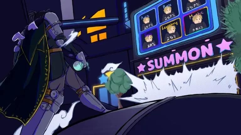 Artwork for the Roblox game Anime Adventures showing a character in armour approaching a building with a Summon sign in front of it.