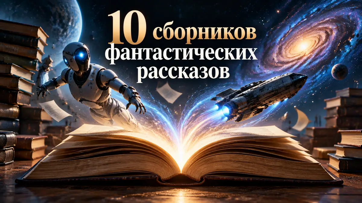 Сборники фантастических рассказов: раскрытая книга, над страницами парят робот, звездолёт и далёкая галактика