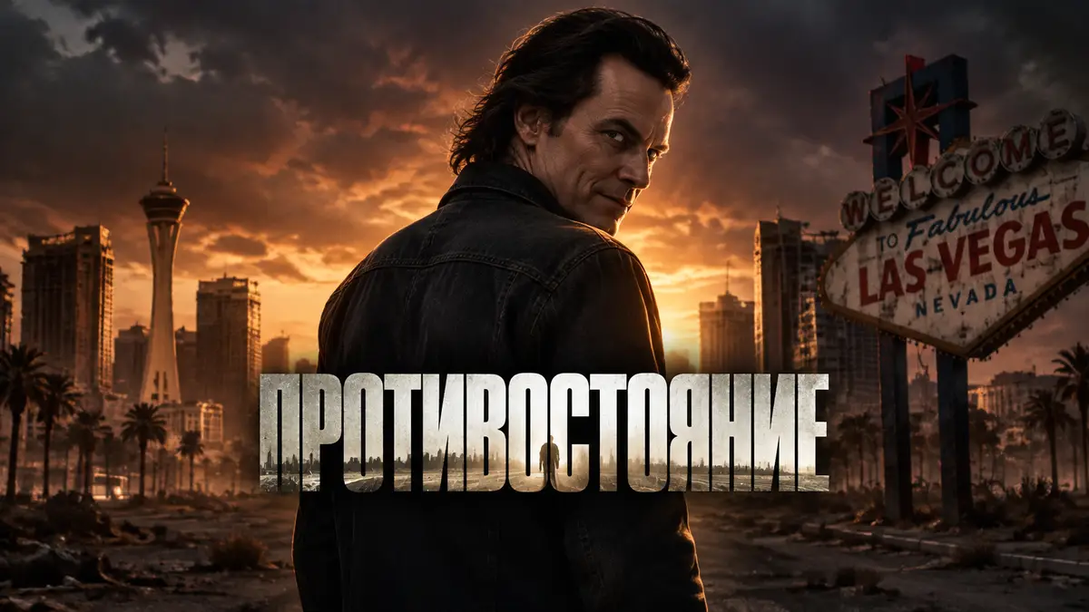 Рэндалл Флэгг в тёмной джинсовой куртке над пустынным Лас-Вегасом, постер сериала «Противостояние»