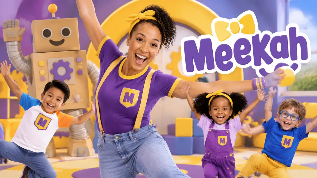 Мика из сериала Meekah в яркой одежде прыгает с детьми Mini Movers на фоне картонного робота и логотипа