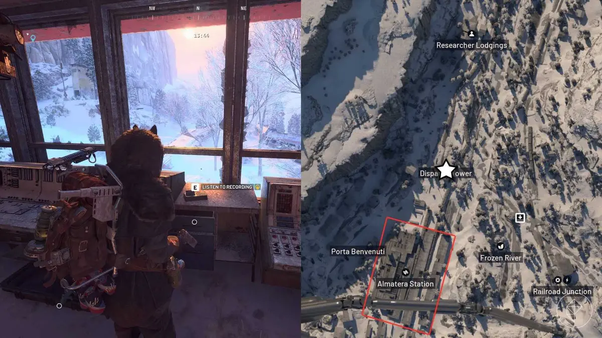 The left-hand side of the image shows the player in Arc Raiders standing in front of the nomad recording while the right-hand side shows the location marked on the in-game map with a star.
