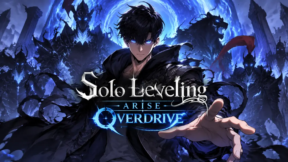 Сон Джину с тенями за спиной на фоне синего портала, ключевой арт Solo Leveling: Arise Overdrive с логотипом
