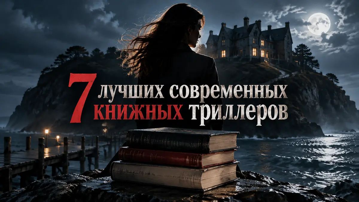 Обложка в стиле постера книжного триллера: тёмный особняк на острове, силуэт женщины и стопка книг